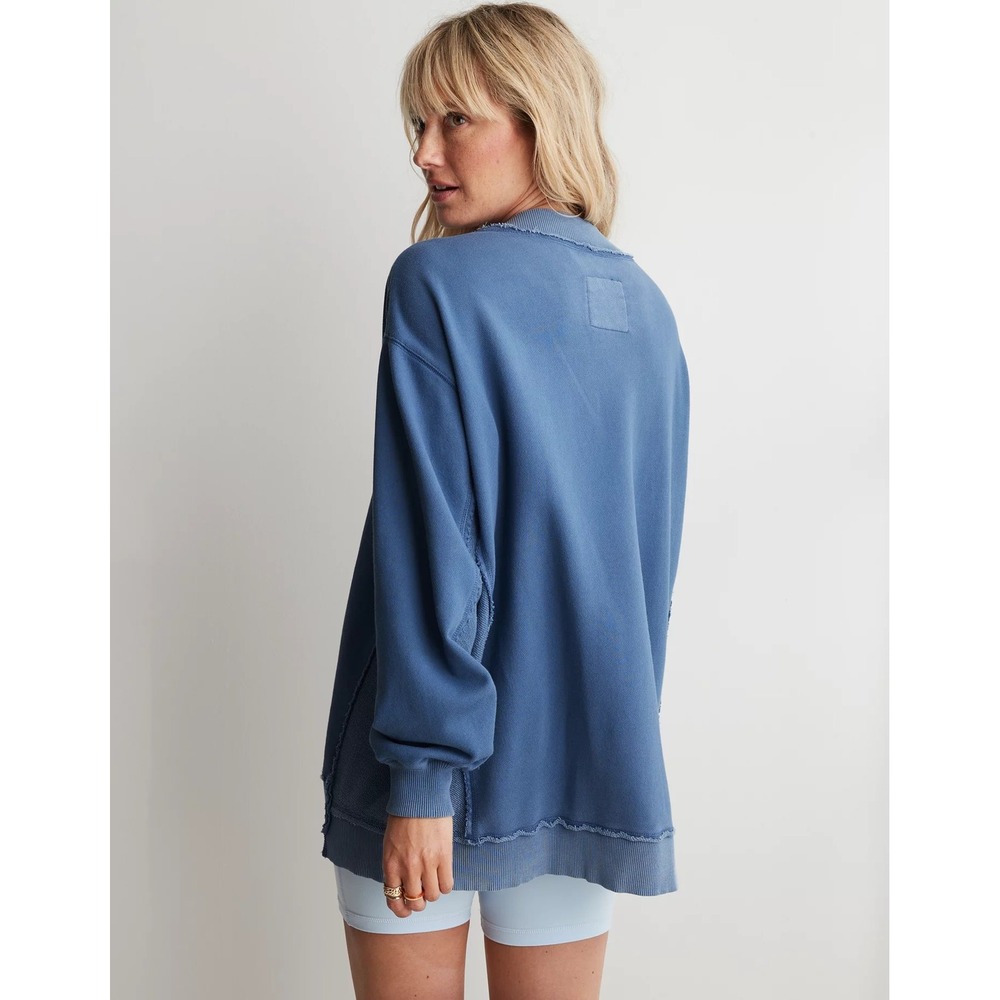 Aerie Oversized V-Neck Sweatshirt Blue Raw Edge Pullover Medium - Picture 2 of 9